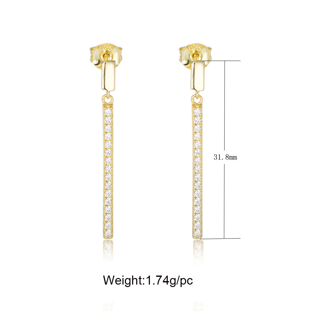 Vertical Bar Drop Earrings 一  S925 Sterling Silver, CZ Paved