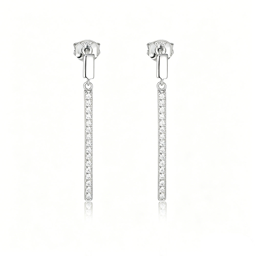 S925 Sterling Silver CZ Pavé Vertical Bar Drop Earrings for Women | Dainty Dangle Stud Earrings with Cubic Zirconia | Hypoallergenic Geometric Simple Jewelry