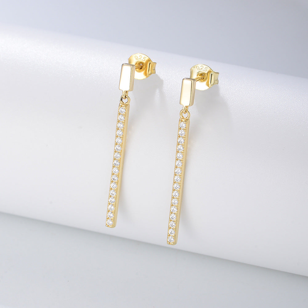 S925 Sterling Silver CZ Pavé Vertical Bar Drop Earrings for Women | Dainty Dangle Stud Earrings with Cubic Zirconia | Hypoallergenic Geometric Simple Jewelry