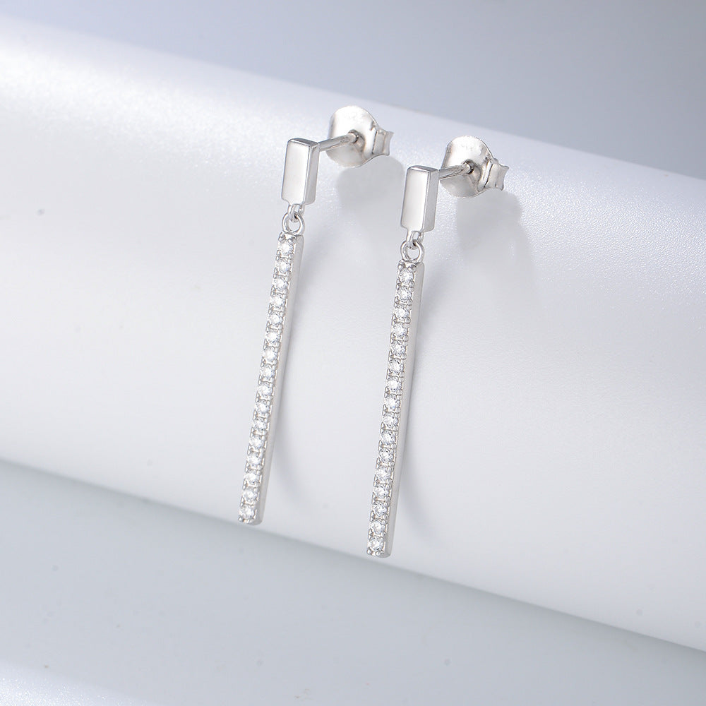 S925 Sterling Silver CZ Pavé Vertical Bar Drop Earrings for Women | Dainty Dangle Stud Earrings with Cubic Zirconia | Hypoallergenic Geometric Simple Jewelry