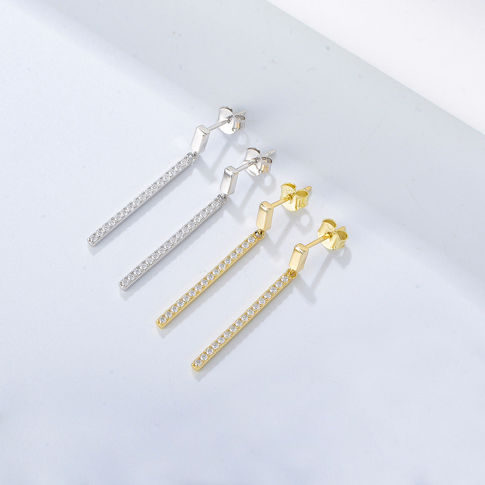 S925 Sterling Silver CZ Pavé Vertical Bar Drop Earrings for Women | Dainty Dangle Stud Earrings with Cubic Zirconia | Hypoallergenic Geometric Simple Jewelry