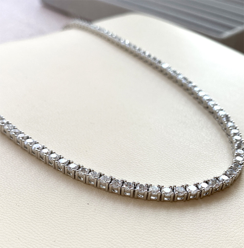 Elegance Tennis Necklace for Women and Men Silver Plated Cubic Zirconia Chain 3mm Round cut CZ Chain