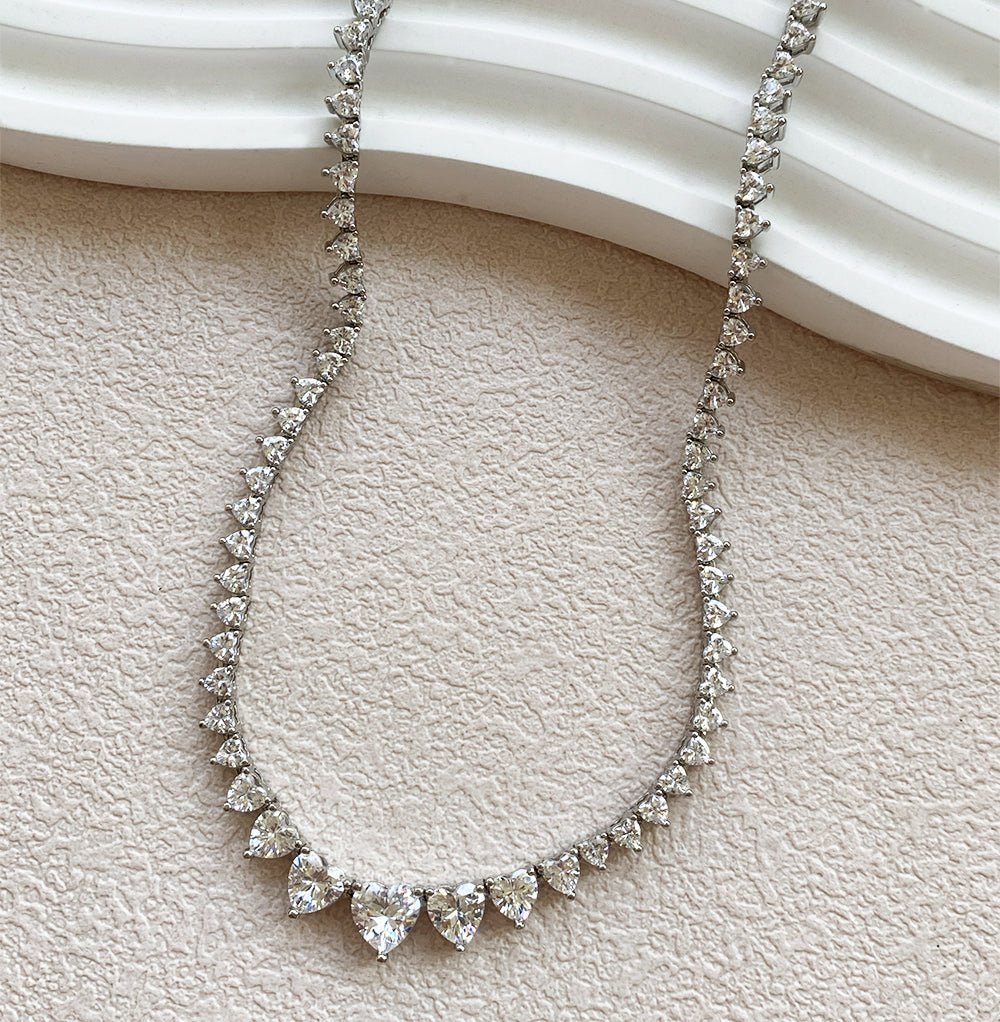 Elegance Tennis Necklace for Women Wedding Prom Jewelry Cubic Zirconia Chain, 4mm heart cut CZ Chain