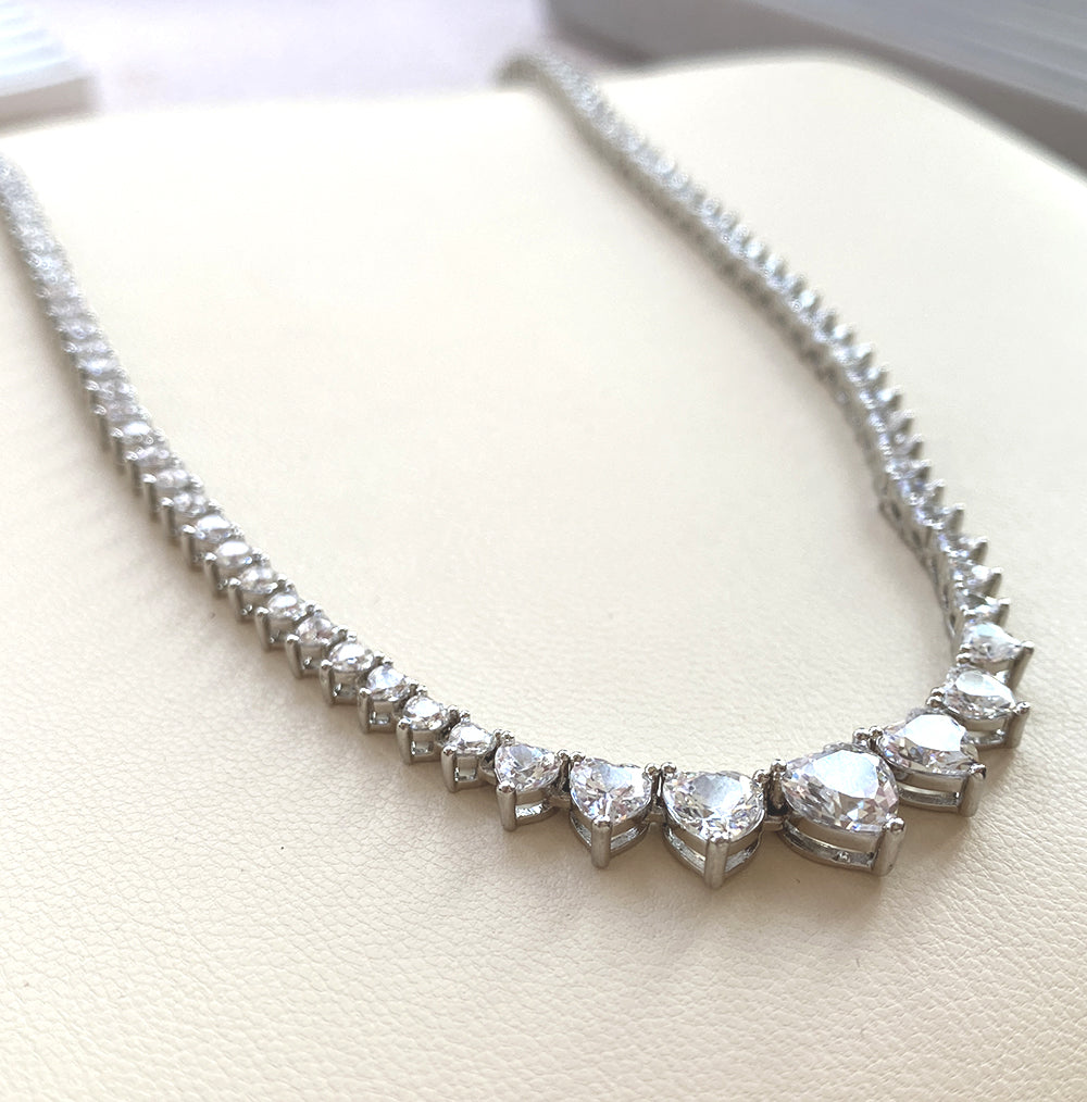 Elegance Tennis Necklace for Women Wedding Prom Jewelry Cubic Zirconia Chain, 4mm heart cut CZ Chain
