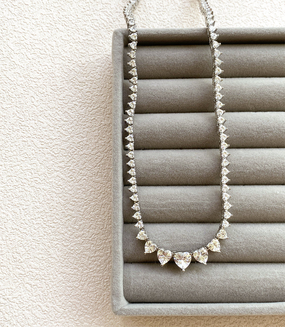 Elegance Tennis Necklace for Women Wedding Prom Jewelry Cubic Zirconia Chain, 4mm heart cut CZ Chain