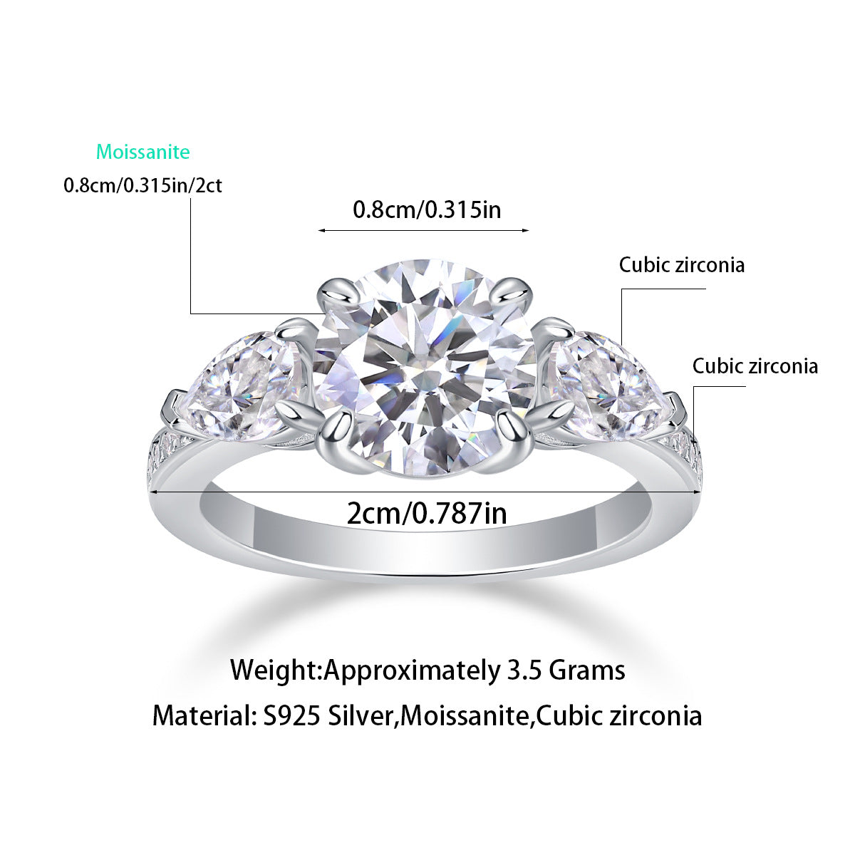 Cushion Three-Stone Ring — Pear-Cut Accents, Pavé Band