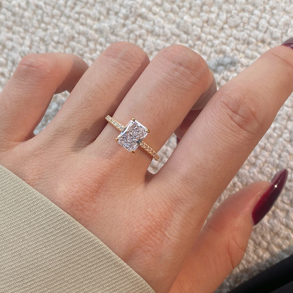 S925 Sterling Silver Engagement Ring for Women 8A+ Ice Flower Cut Zircon Rectangular Simulated High-Carbon Diamond Ring – Niche & Light Luxury