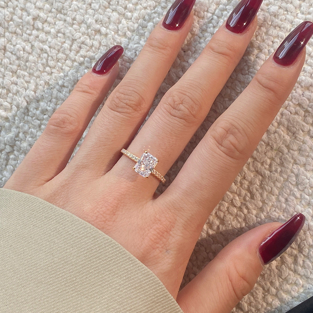 S925 Sterling Silver Engagement Ring for Women 8A+ Ice Flower Cut Zircon Rectangular Simulated High-Carbon Diamond Ring – Niche & Light Luxury