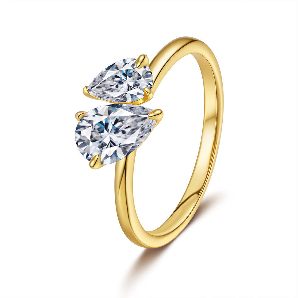 Elegance Toi Et Moi Ring, Dainty 14K Gold Plated Double Pear Shaped Moissanite Bypass Ring for Women