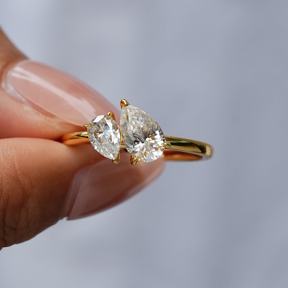 Elegance Toi Et Moi Ring, Dainty 14K Gold Plated Double Pear Shaped Moissanite Bypass Ring for Women