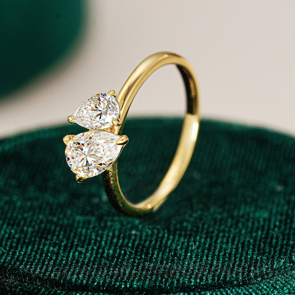 Elegance Toi Et Moi Ring, Dainty 14K Gold Plated Double Pear Shaped Moissanite Bypass Ring for Women