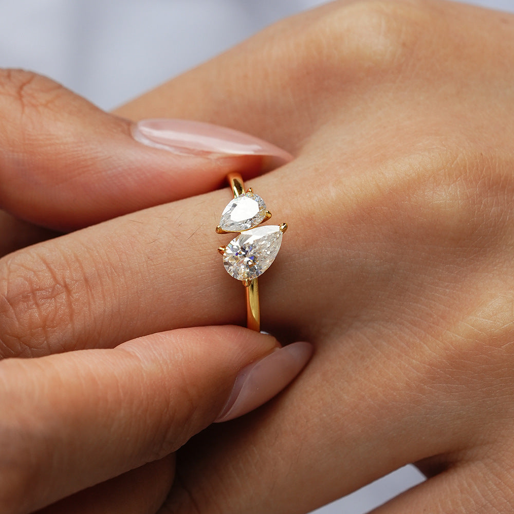 Elegance Toi Et Moi Ring, Dainty 14K Gold Plated Double Pear Shaped Moissanite Bypass Ring for Women