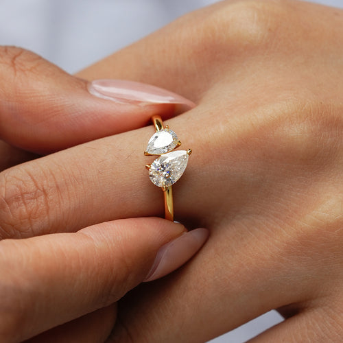 Elegance Toi Et Moi Ring, Dainty 14K Gold Plated Double Pear Shaped Moissanite Bypass Ring for Women
