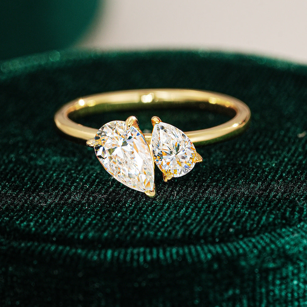 Elegance Toi Et Moi Ring, Dainty 14K Gold Plated Double Pear Shaped Moissanite Bypass Ring for Women
