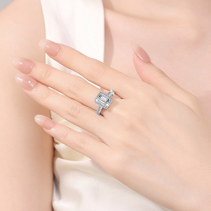 S925 Engagement Ring for Women Emerald-Cut Zirconia 2-Carat Sterling Silver Jewelry