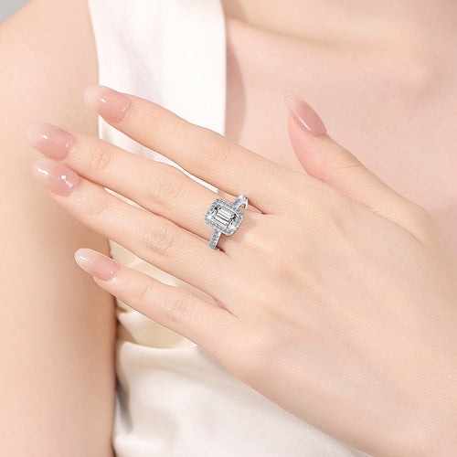 Emerald-Cut Halo Ring一  2 Carat, Sterling Silver