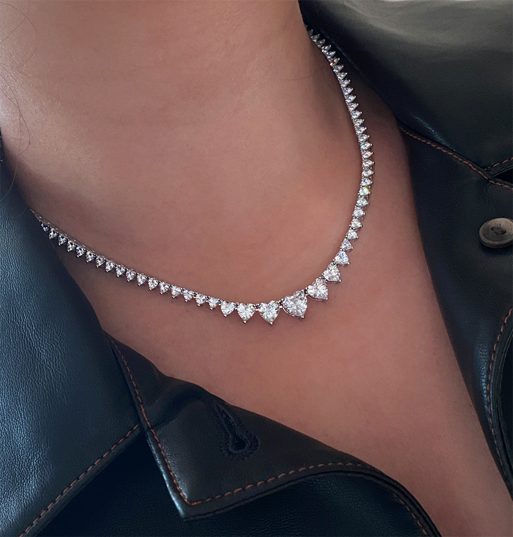 silver heart shaped tennis necklace elegance wedding prom jewelry 