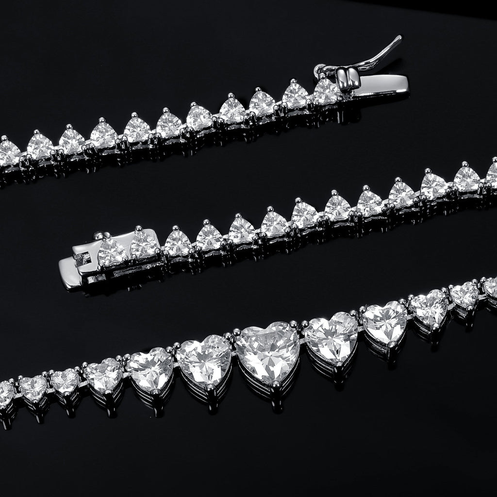 Elegance Tennis Necklace for Women Wedding Prom Jewelry Cubic Zirconia Chain, 4mm heart cut CZ Chain
