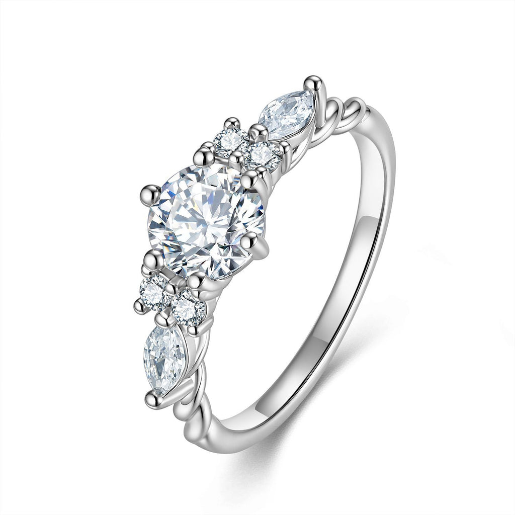 Sterling silver moissanite cluster ring with marquise accent stones and vine-inspired detail