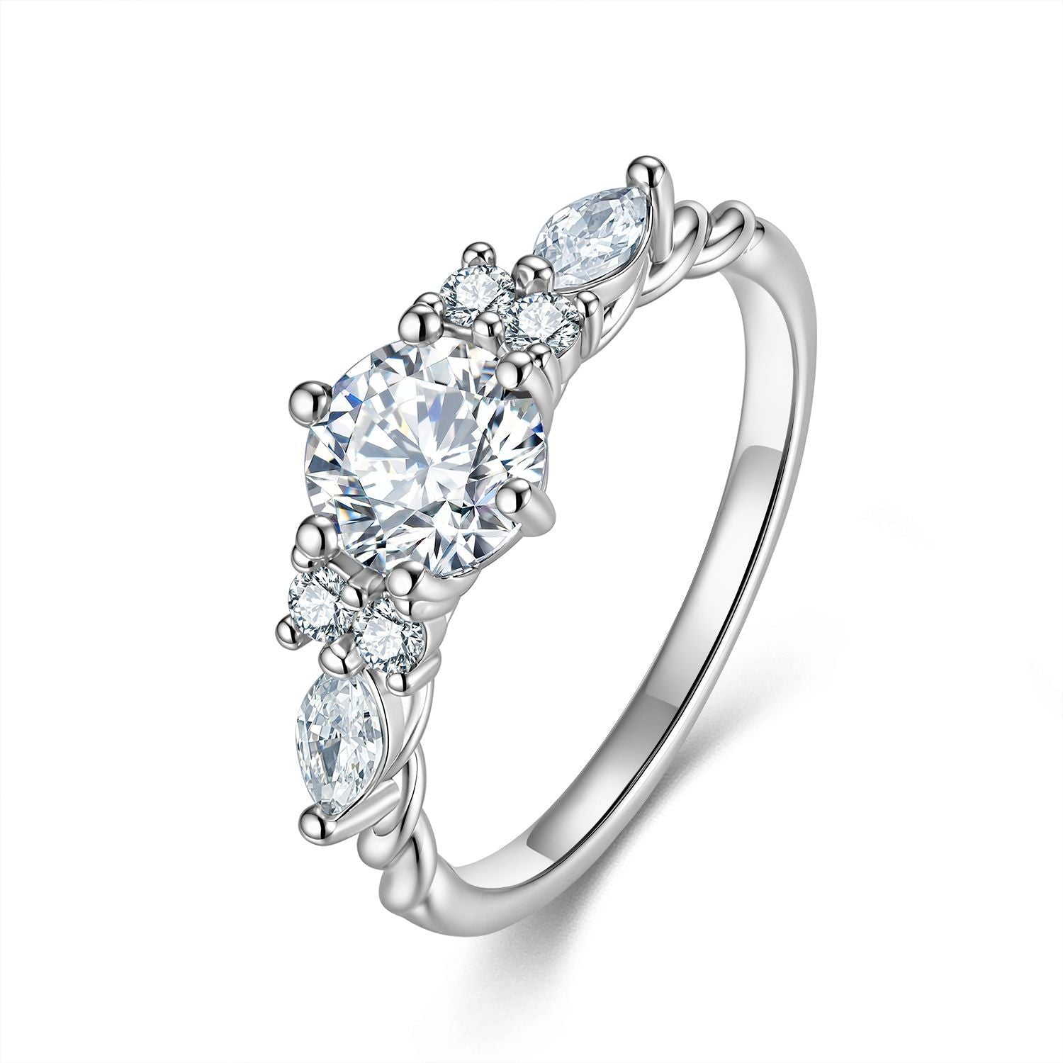 Sterling silver moissanite cluster ring with marquise accent stones and vine-inspired detail