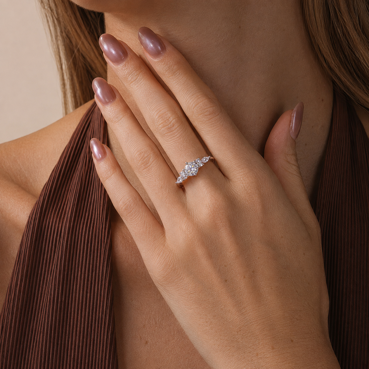 Moissanite Cluster Ring – Vine Accent Detail
