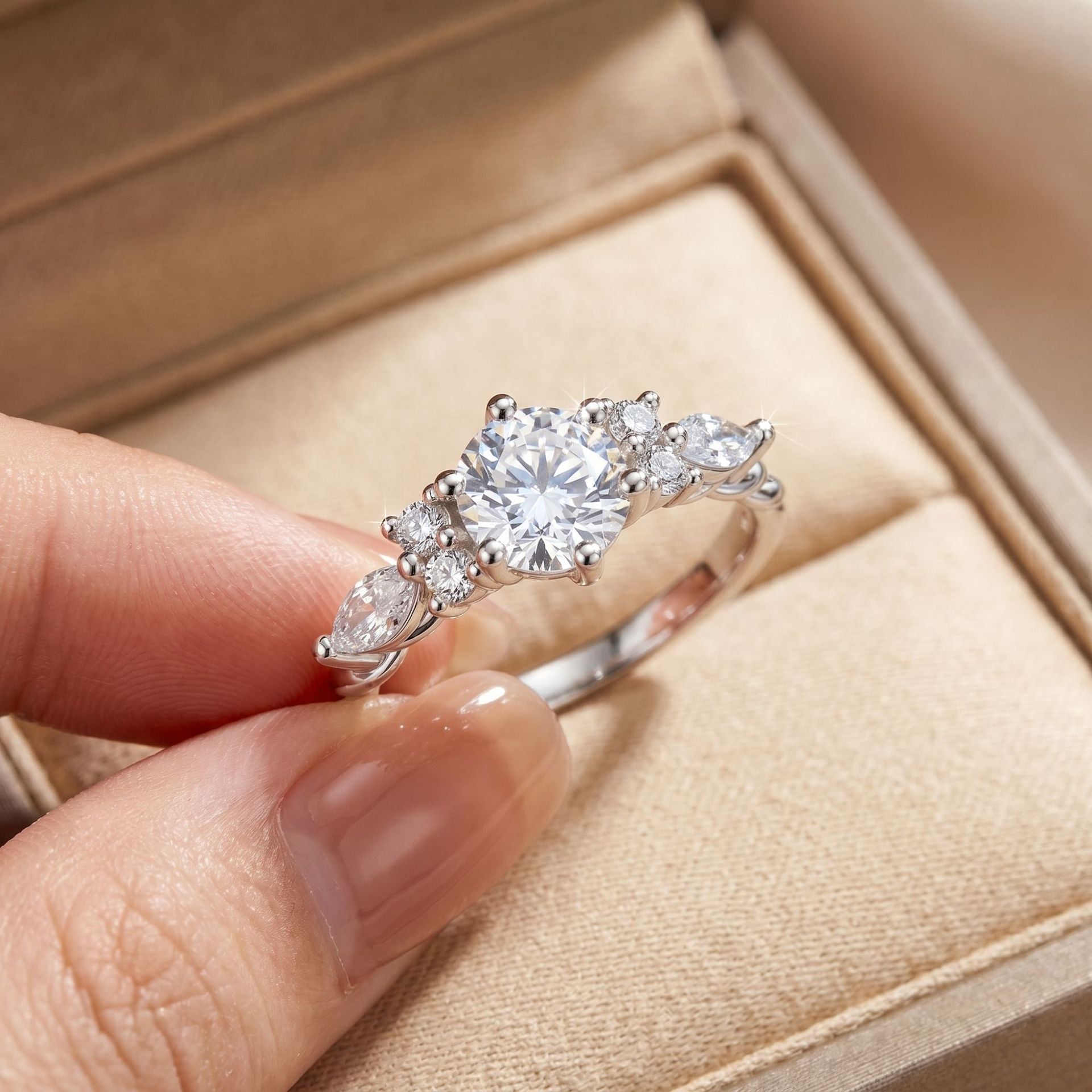 Sterling silver moissanite cluster ring with marquise accent stones and vine-inspired detail