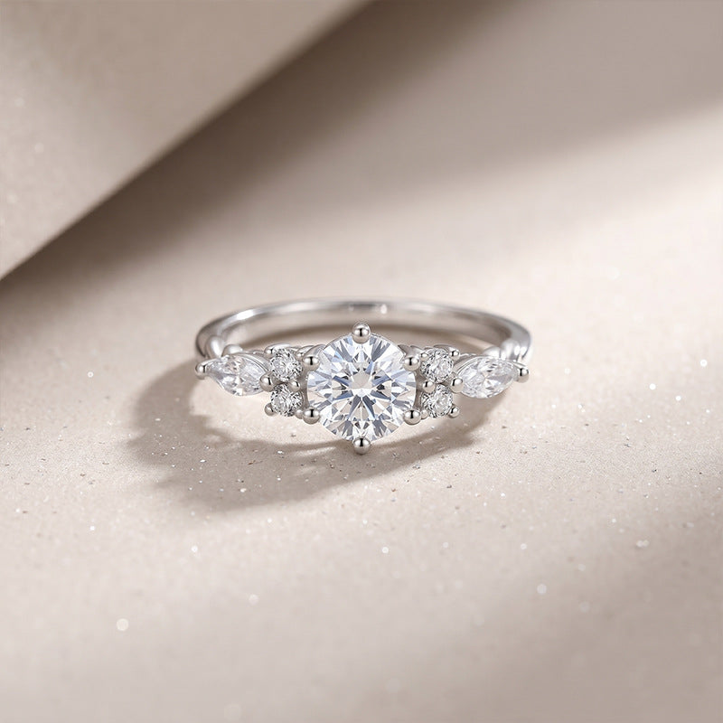 Sterling silver moissanite cluster ring with marquise accent stones and vine-inspired detail -3
