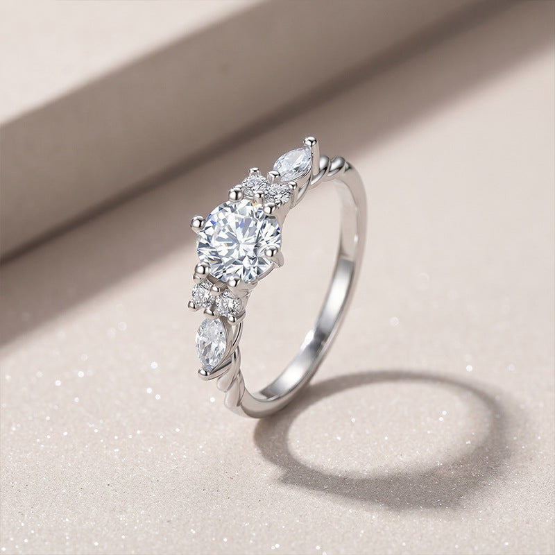 Sterling silver moissanite cluster ring with marquise accent stones and vine-inspired detail -2